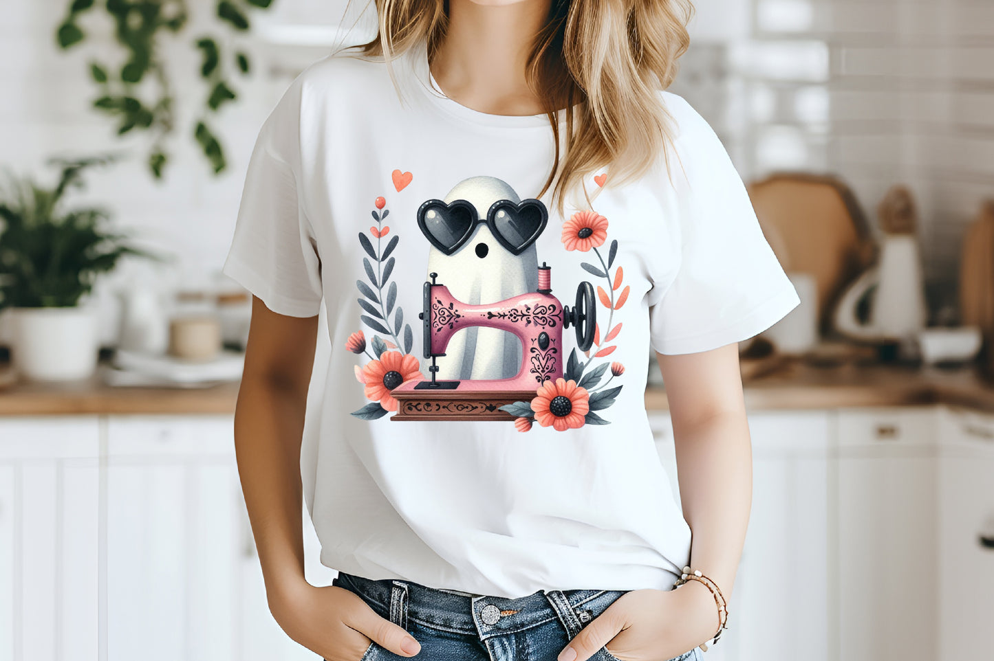 Cute Sewing Ghost PNG Pink Sewing Machine Floral Seamstress Sublimation