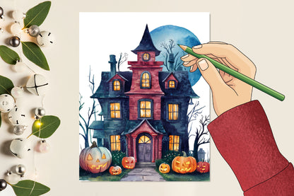 21 Watercolor Halloween Haunted House PNG Clipart Bundle Spooky