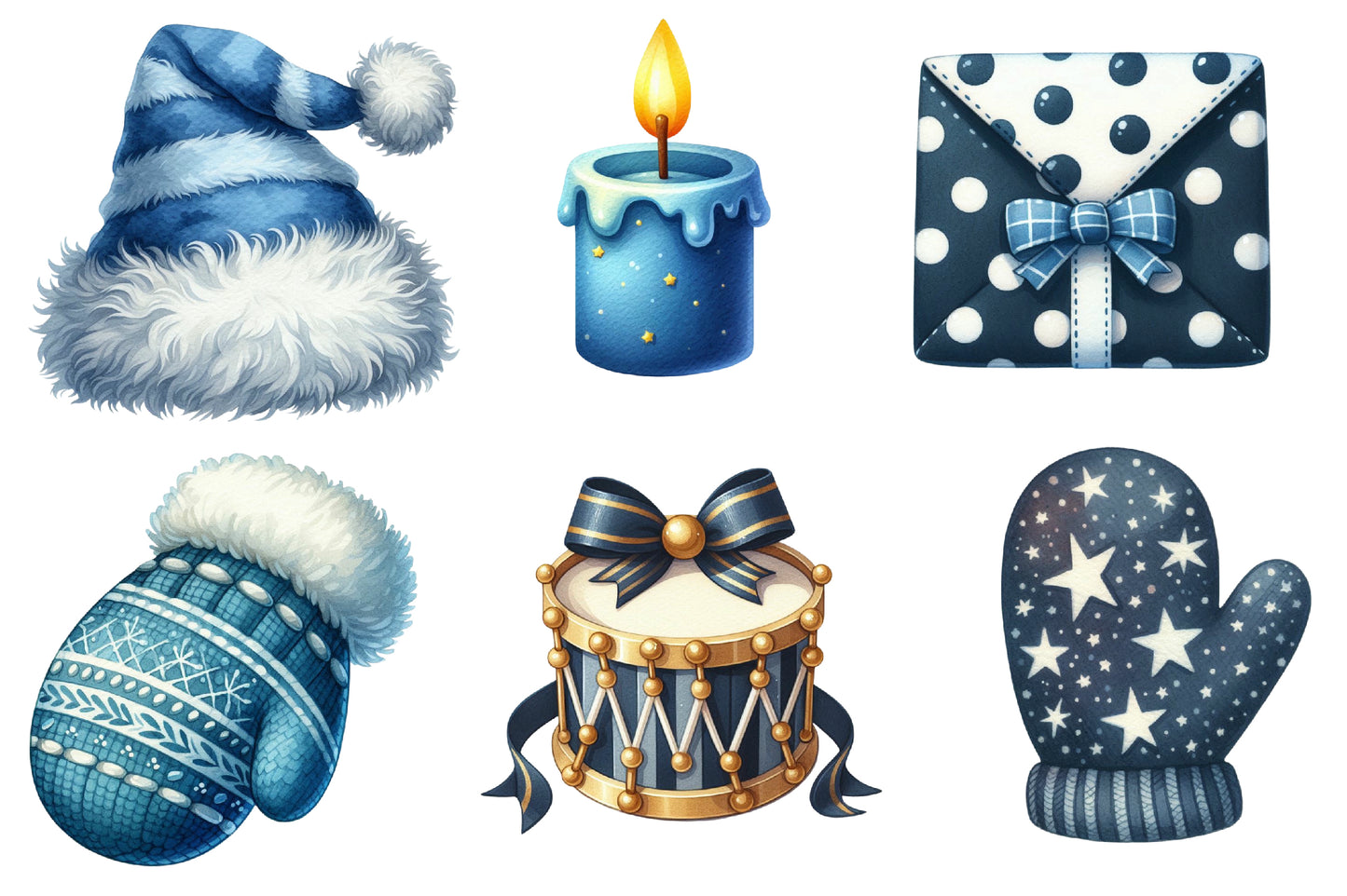 Blue Christmas Clipart PNG Bundle | Watercolor Winter Holiday Clipart | Elegant Icy Blue Christmas PNG