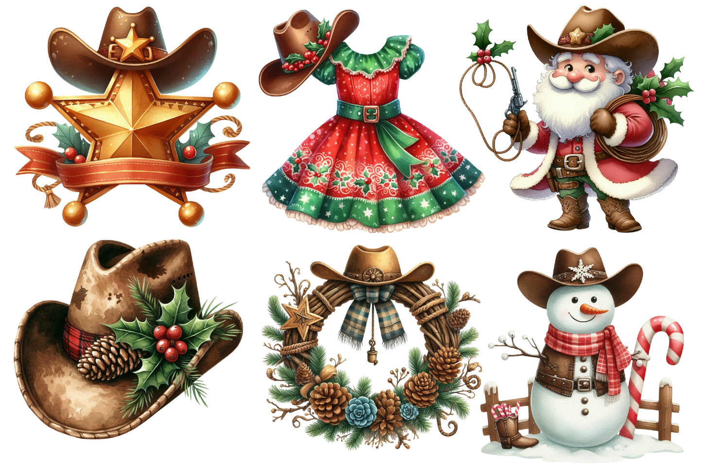 Christmas Western Clipart PNG Bundle | Rustic Cowboy Christmas Watercolor Clipart | Western Holiday Sublimation PNG