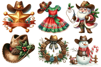Christmas Western Clipart PNG Bundle | Rustic Cowboy Christmas Watercolor Clipart | Western Holiday Sublimation PNG