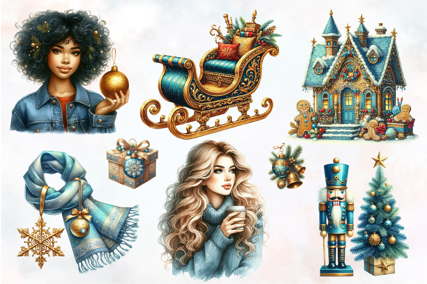 Watercolor Blue and Gold Christmas PNG Bundle 37 Holiday Clipart