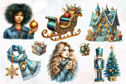 Watercolor Blue and Gold Christmas PNG Bundle 37 Holiday Clipart