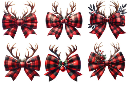 Watercolor Christmas Coquette Bow Reindeer Clipart PNG Bundle | Red Buffalo Plaid Bows & Antlers | Christmas Sublimation