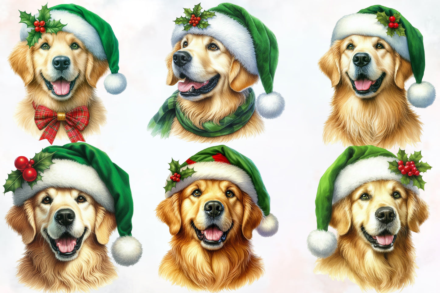 Watercolor Christmas Retriever Dog Clipart PNG Bundle | Cute Santa Hat Golden Retriever Holiday Designs