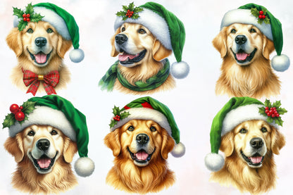 Watercolor Christmas Retriever Dog Clipart PNG Bundle | Cute Santa Hat Golden Retriever Holiday Designs
