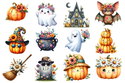 Groovy Halloween Clipart PNG Bundle | Cute Retro Halloween Clipart, Floral Ghost & Pumpkin PNG