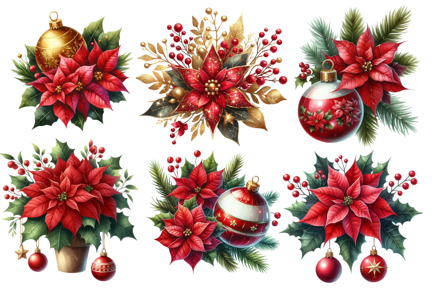 Christmas Clipart PNG Bundle | Poinsettia Flowers, Holly Berries, Cardinal Birds, Christmas Ornaments, Wreaths & Pine Greenery