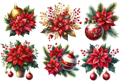 Christmas Clipart PNG Bundle | Poinsettia Flowers, Holly Berries, Cardinal Birds, Christmas Ornaments, Wreaths & Pine Greenery