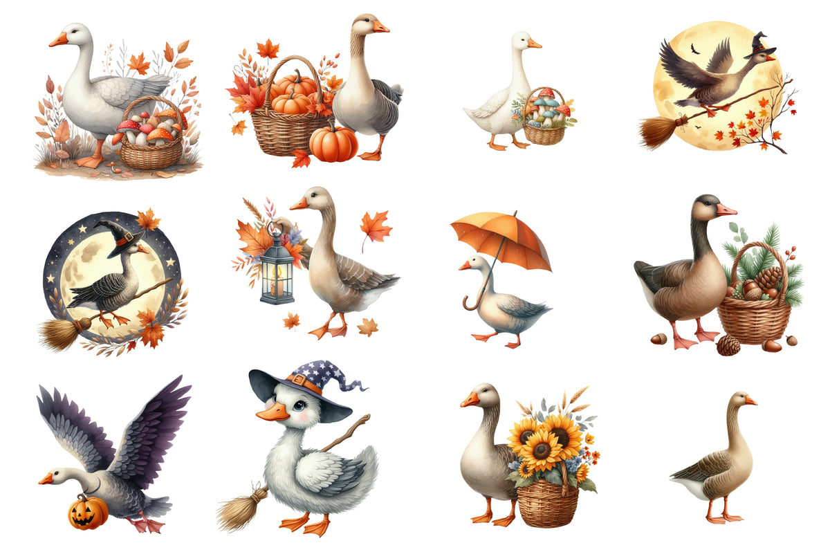 Fall Halloween Goose PNG Bundle | Cute Goose Clipart, Autumn Goose PNG