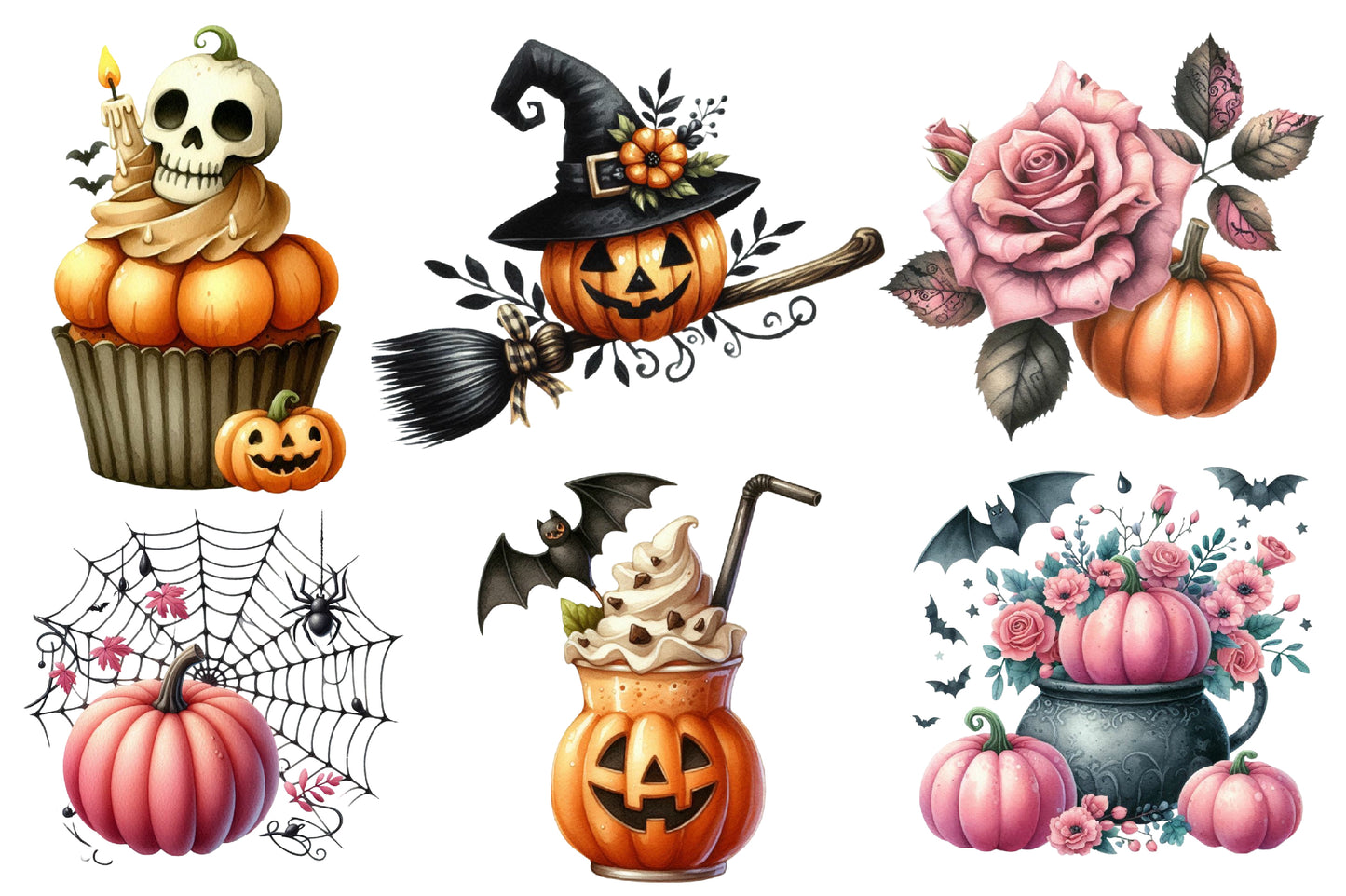 Pastel Goth Halloween Clipart PNG Bundle | Gothic Halloween Watercolor Clipart | Pink Halloween Sublimation PNG