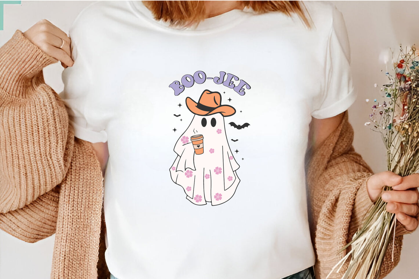 Boo-Jee Ghost PNG Halloween Pink Cowboy Ghost Coffee Western Clipart