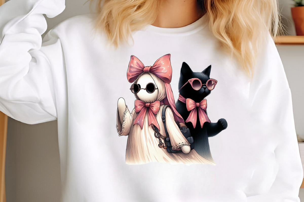 Cute Halloween Ghost Cat PNG Pink Bow Spooky Girl Clipart