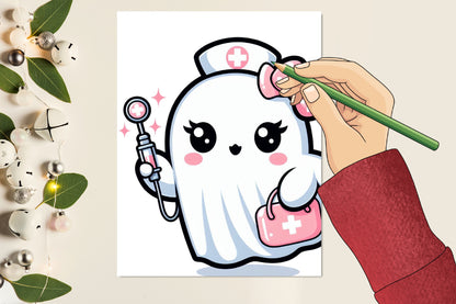 17 Watercolor Halloween Ghost Nurse PNG Bundle Cute Spooky Medical Clipart