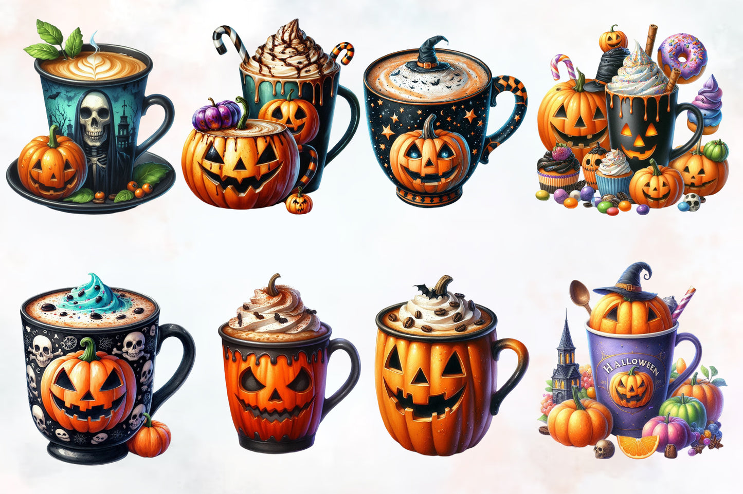 Halloween Coffee Cup PNG Bundle Spooky Pumpkin Coffee Clipart
