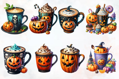 Halloween Coffee Cup PNG Bundle Spooky Pumpkin Coffee Clipart