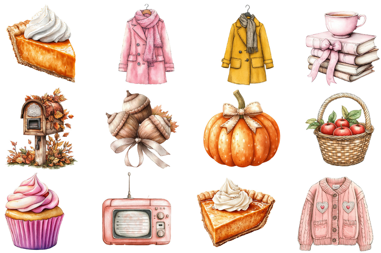 Coquette Autumn Clipart PNG Bundle | Pink Fall Clipart, Girly Autumn PNG