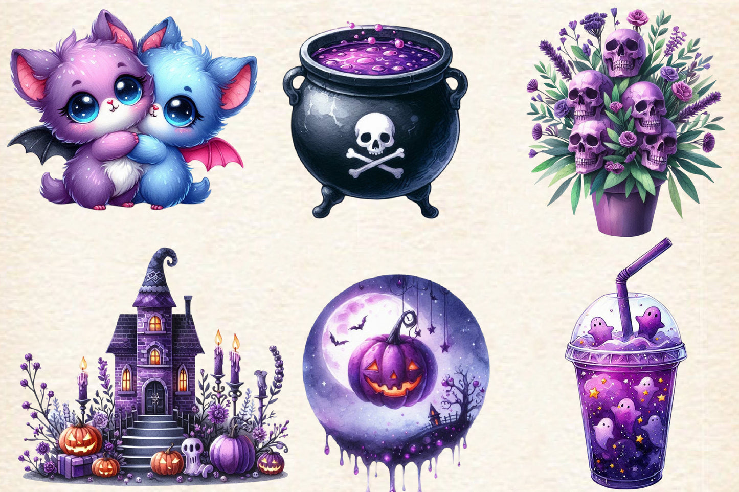 15 Halloween Purple Sublimation PNG Bundle Cute Bat Skull Witch Clipart