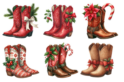 Christmas Cowboy Boots Clipart PNG Bundle | Watercolor Western Christmas Boots Clipart | Country Holiday Sublimation PNG