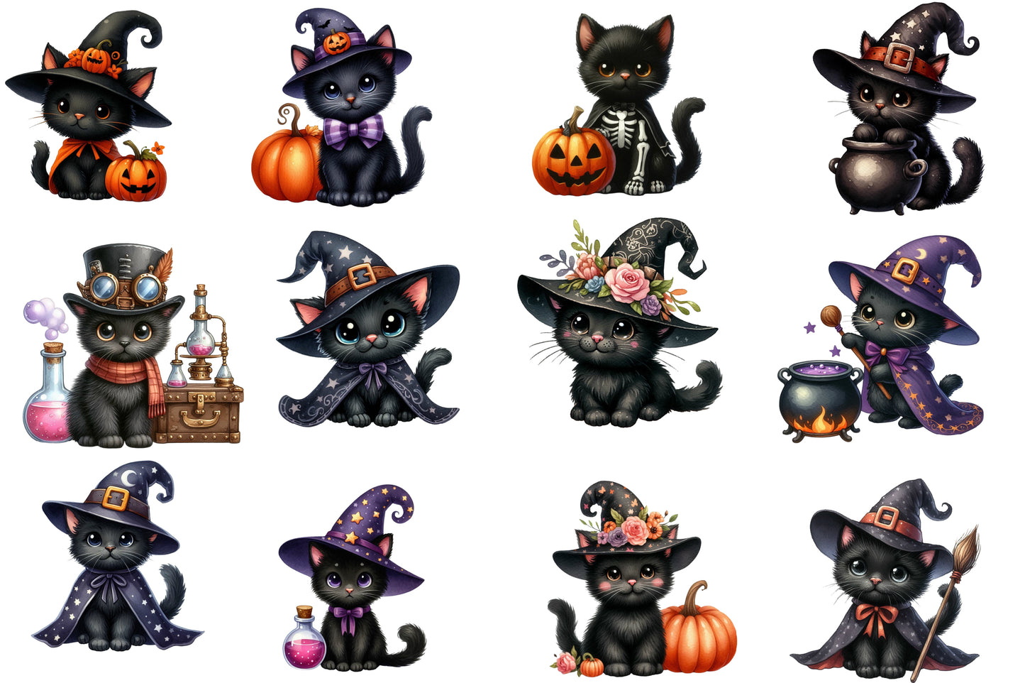 Halloween Black Cat Clipart PNG Bundle | Cute Witch Cat PNG, Black Cat Halloween Clipart