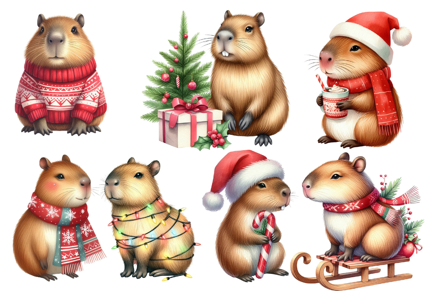 Christmas Capybara Clipart PNG Bundle | Watercolor Cute Christmas Capybara Clipart | Holiday Capybara Sublimation PNG