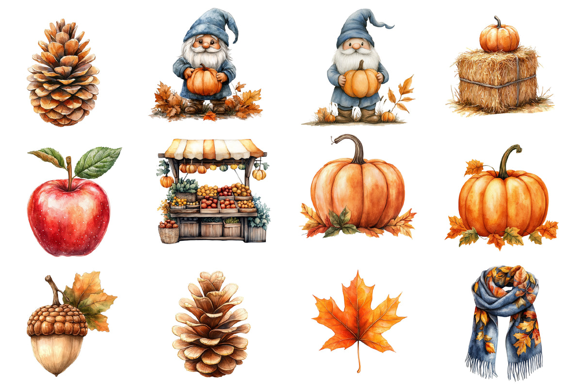 Fall Season Watercolor Clipart PNG Bundle | Autumn Clipart Collection | Cozy Fall Sublimation