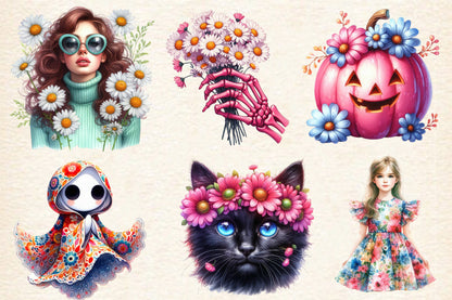 Groovy Halloween PNG Bundle 21 Watercolor Floral Hippie Halloween Clipart