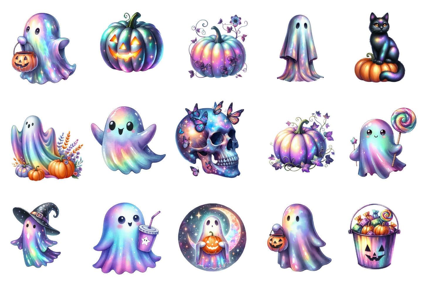 Iridescent Halloween Clipart PNG Bundle | Kawaii Ghost Clipart, Pastel Halloween PNG