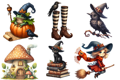 Witchy Autumn PNG Bundle | Cute Halloween Witch Clipart, Owl, Black Cat, Mushroom & Pumpkin PNG