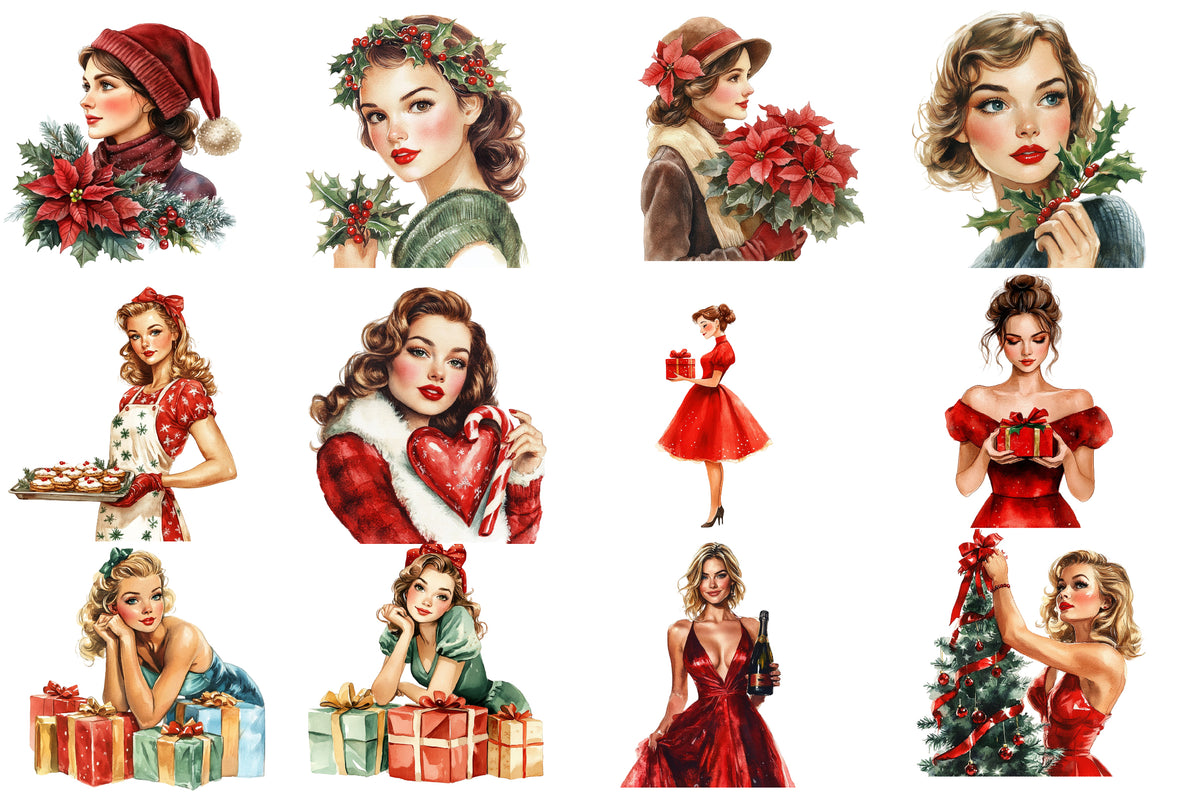 Coquette Christmas Clipart PNG Bundle | Christmas Girls, Red Roses, Poinsettias, Holly, Bows, Gifts & Glam Holiday Women