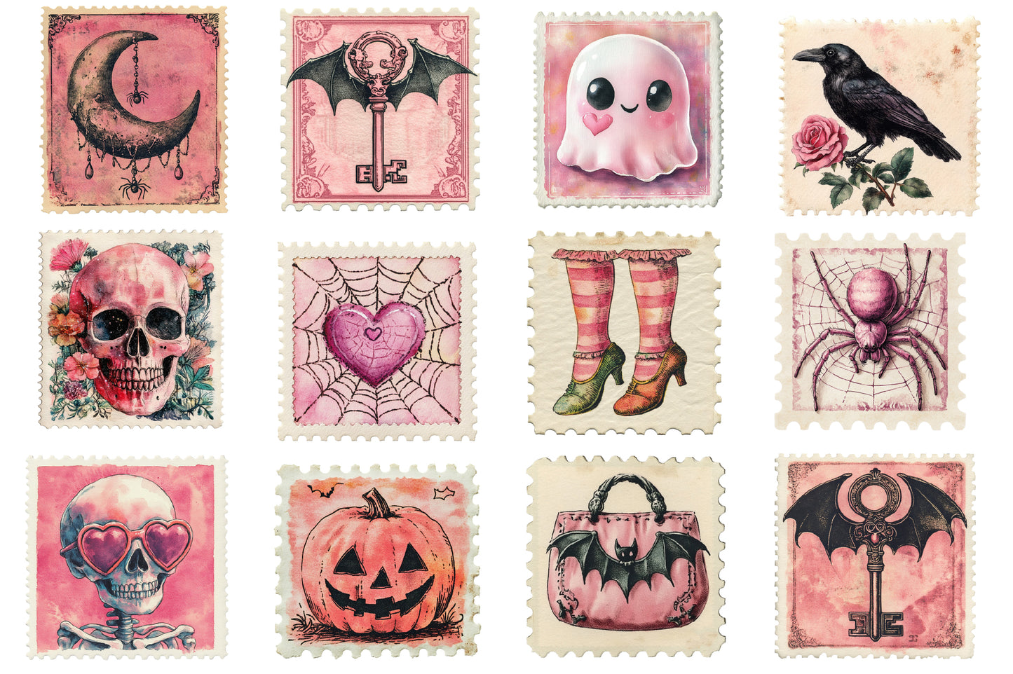 Halloween Postage Stamp PNG Bundle | Pink Gothic Halloween Clipart,