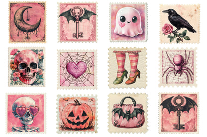 Halloween Postage Stamp PNG Bundle | Pink Gothic Halloween Clipart,