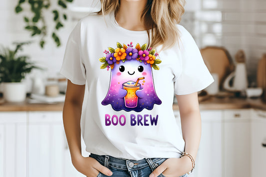 Boo Brew Halloween Ghost PNG Cute Floral Coffee Halloween Shirt