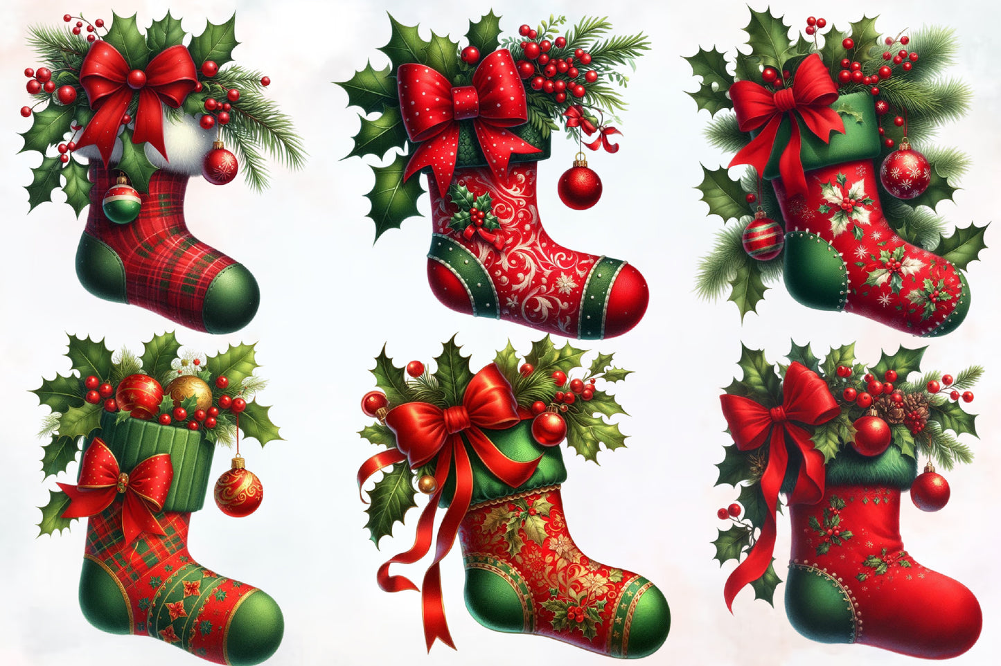 Watercolor Christmas Stocking Clipart PNG Bundle | Cute Holiday Stocking & Christmas Decor Designs