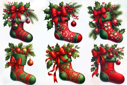 Watercolor Christmas Stocking Clipart PNG Bundle | Cute Holiday Stocking & Christmas Decor Designs