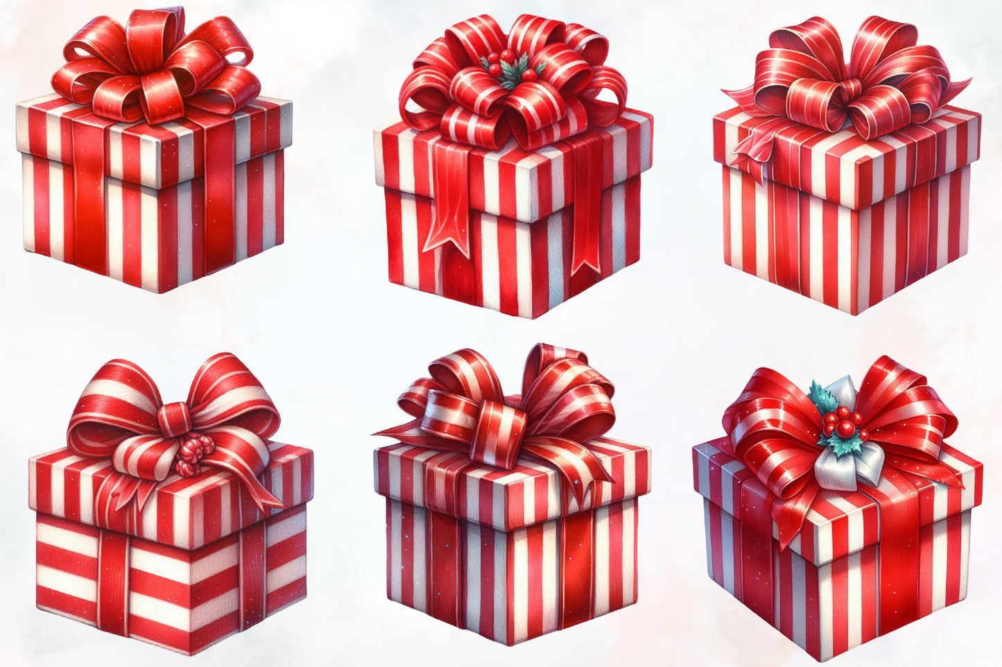 Christmas Gift Box Clipart PNG Bundle | Red & White Striped Christmas Presents, Gift Boxes & Festive Bows