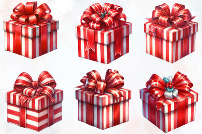 Christmas Gift Box Clipart PNG Bundle | Red & White Striped Christmas Presents, Gift Boxes & Festive Bows