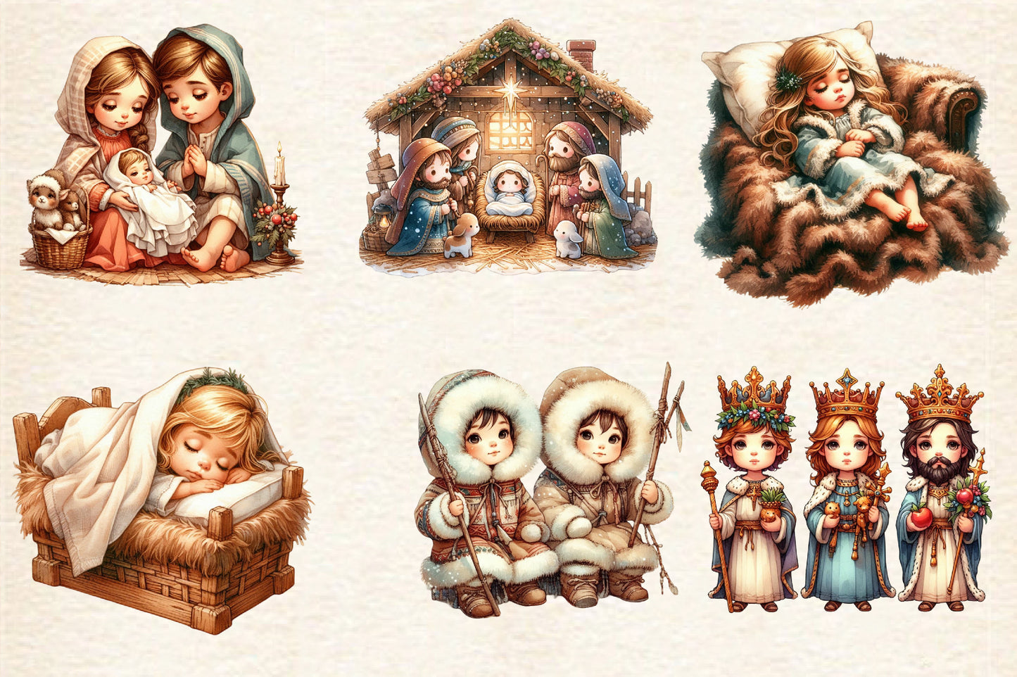 Christmas Chibi Nativity PNG Clipart Bundle | Cute Holy Family, Baby Jesus, Three Kings, Shepherds & Christmas Nativity Designs