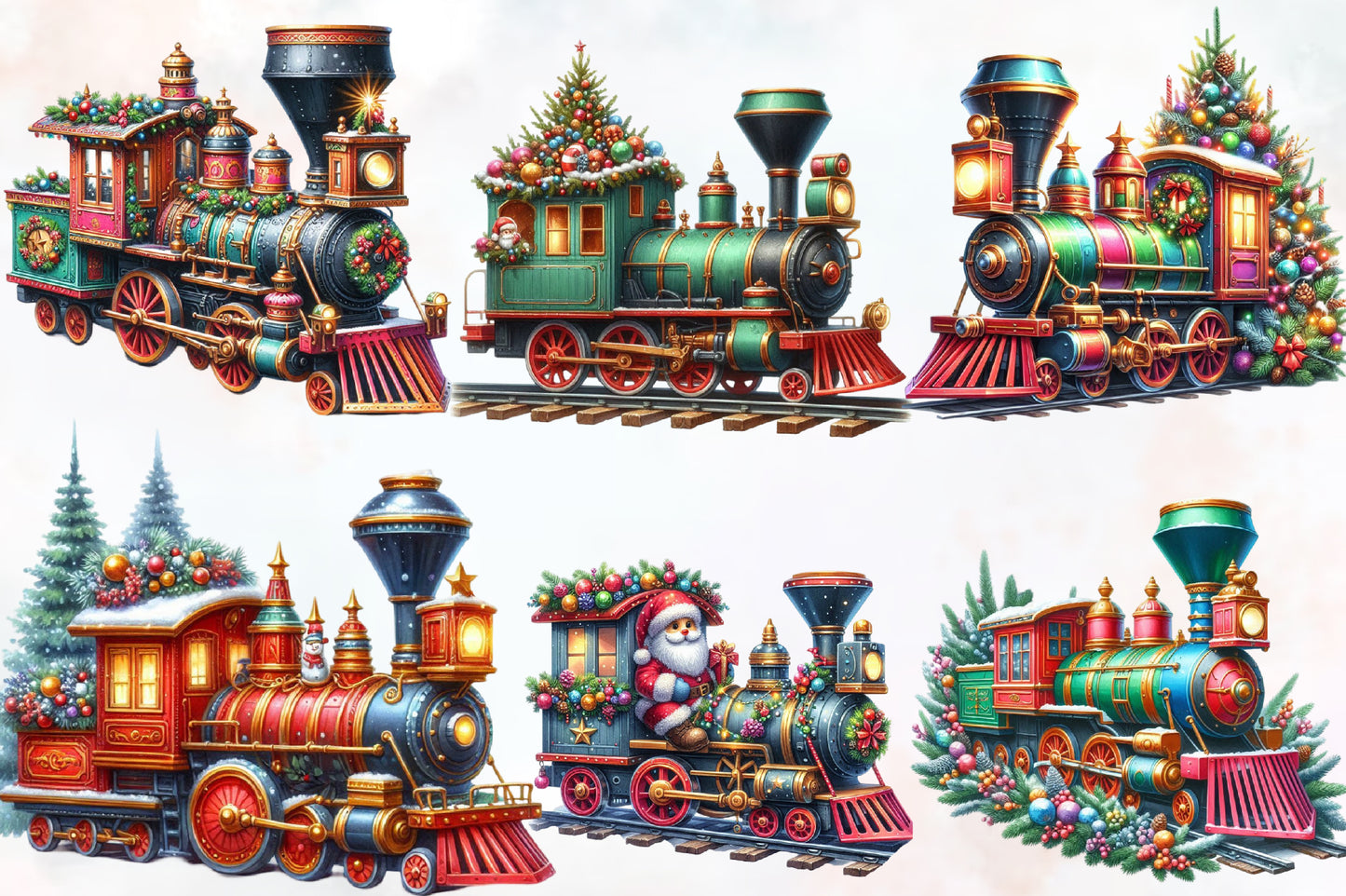 Watercolor Christmas Train PNG Bundle 29 Festive Train Clipart
