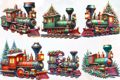 Watercolor Christmas Train PNG Bundle 29 Festive Train Clipart