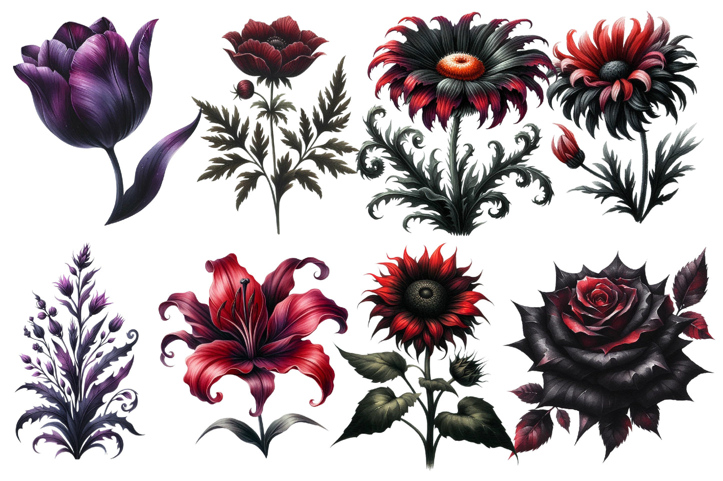 Halloween Wildflowers Clipart PNG Bundle | Gothic Flowers PNG, Dark Floral Clipart, Halloween Flower Sublimation,