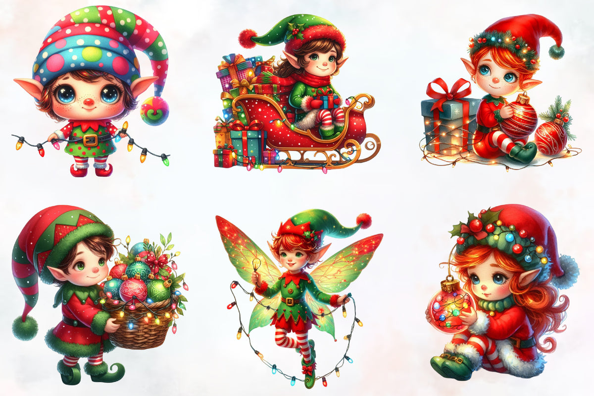 Funny Christmas Elf PNG Bundle Watercolor Cute Holiday Elf Clipart