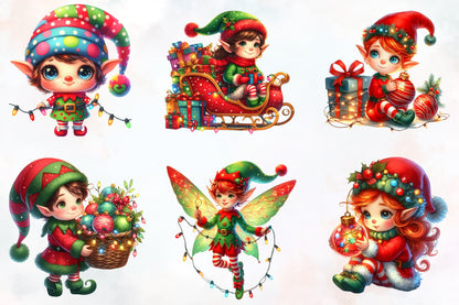 Funny Christmas Elf PNG Bundle Watercolor Cute Holiday Elf Clipart