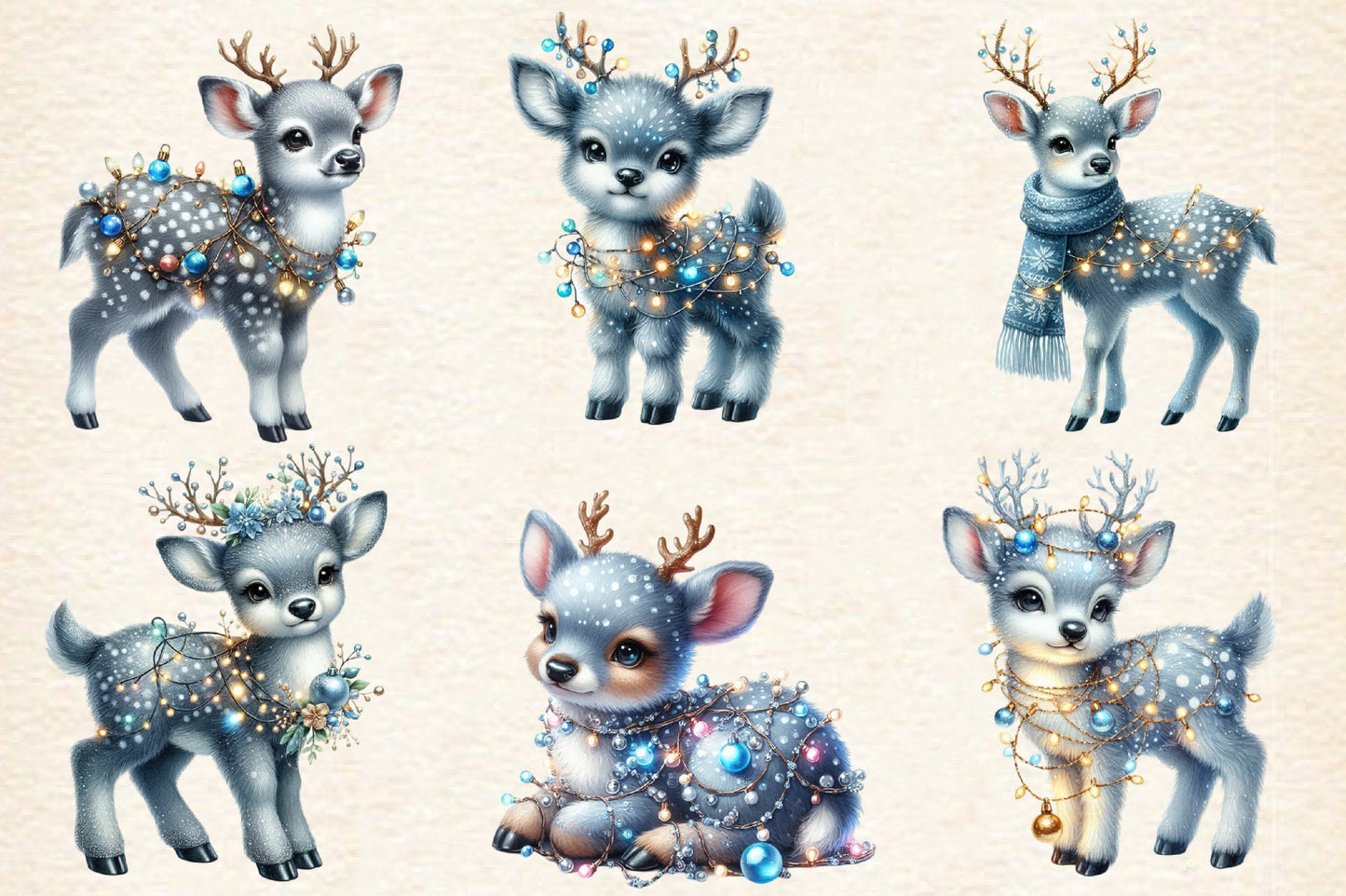 23 Christmas Blue Reindeer PNG Bundle Watercolor Winter Deer Clipart