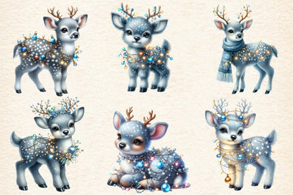 23 Christmas Blue Reindeer PNG Bundle Watercolor Winter Deer Clipart