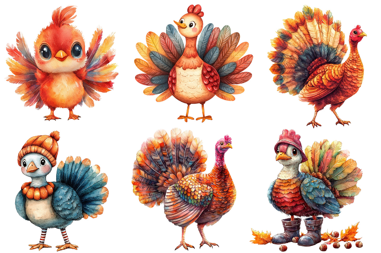 Autumn Turkeys PNG Bundle | Cute Thanksgiving Turkey Clipart | 17 Transparent Fall Turkey Sublimation