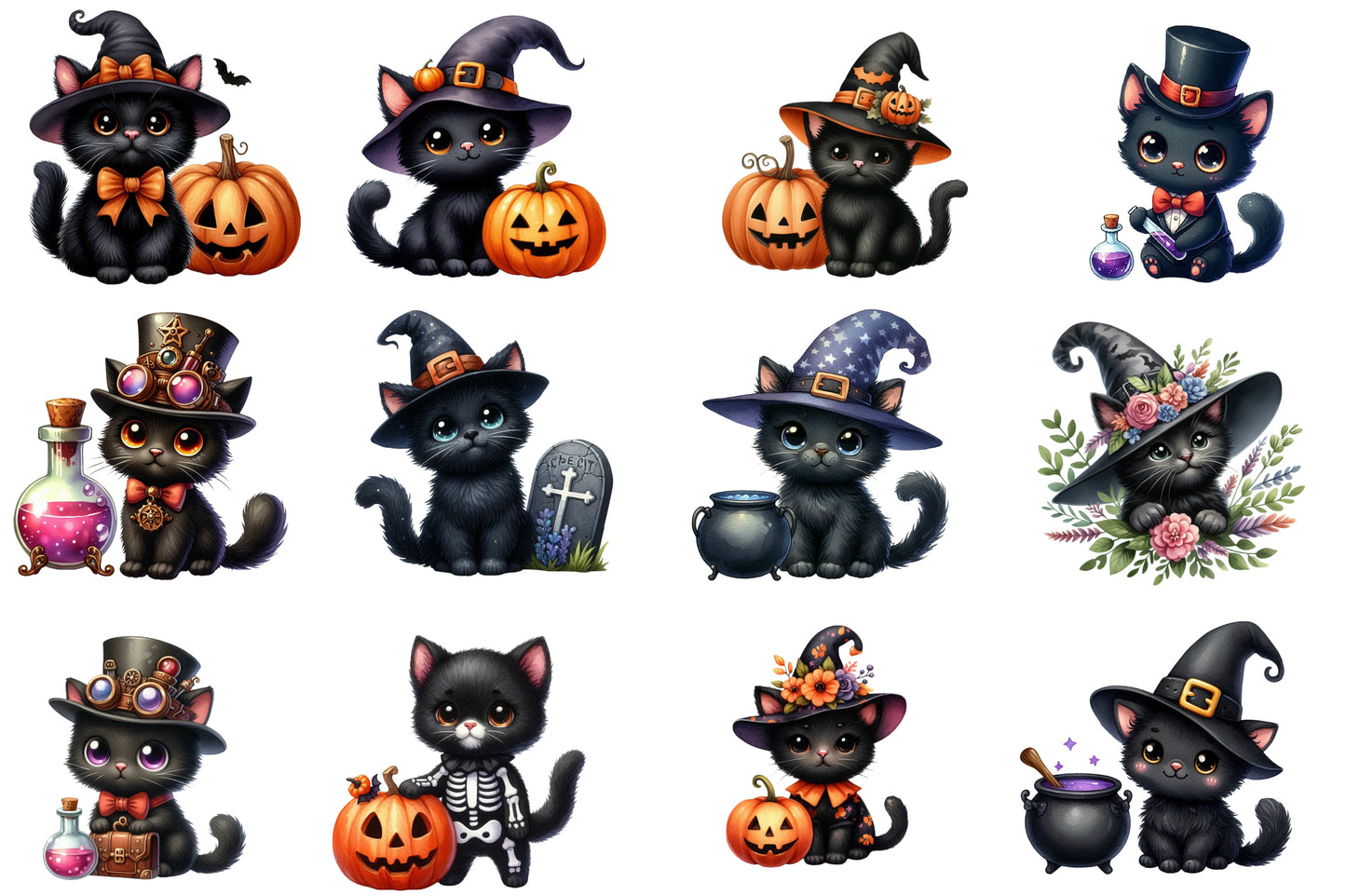 Halloween Black Cat Clipart PNG Bundle | Cute Witch Cat PNG, Black Cat Halloween Clipart