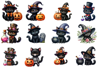 Halloween Black Cat Clipart PNG Bundle | Cute Witch Cat PNG, Black Cat Halloween Clipart