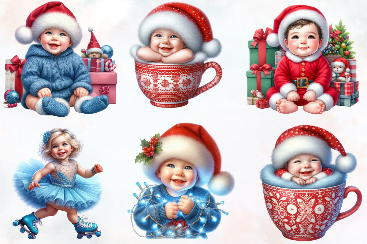 Watercolor Cute Christmas Baby PNG Bundle Holiday Baby Clipart