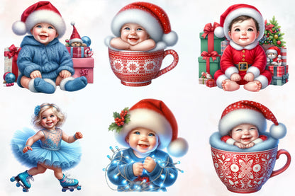 Watercolor Cute Christmas Baby PNG Bundle Holiday Baby Clipart